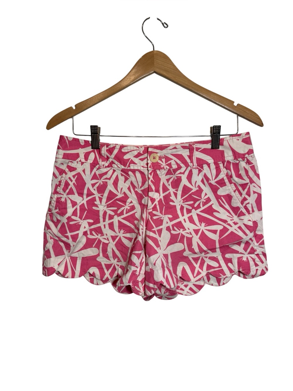 Lilly Pulitzer Pink & White Scallop-Hem Shorts, Dragonfly Pattern 100% Cotton 4